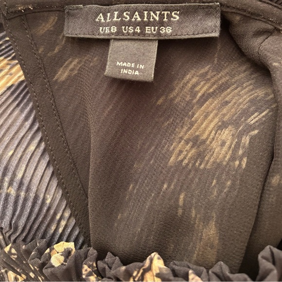 Allsaints Antheia Tiered Plissé Dress Black/ Gold Size 4 - Picture 6 of 11